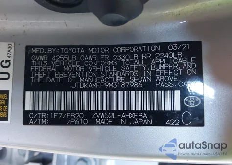 2021 Toyota Prius Prime Le из США, поврежденный, VIN JTDKAMFP9M3187986